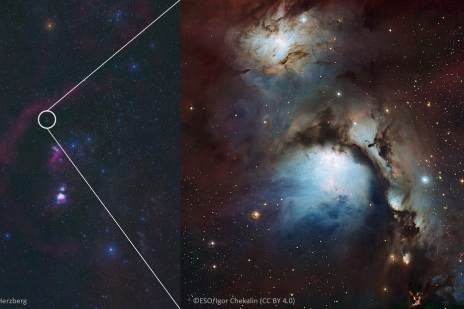 Bilder: Die Position von M78 im Sternbild Orion, aufgenommen von Dany Herzberg. Das Detailbild von M78 entstand mit dem 2,2-Meter-MPG/ESO-Teleskop am La-Silla-Observatorium in Chile. ©ESO/Igor Chekalin CC BY 4.0